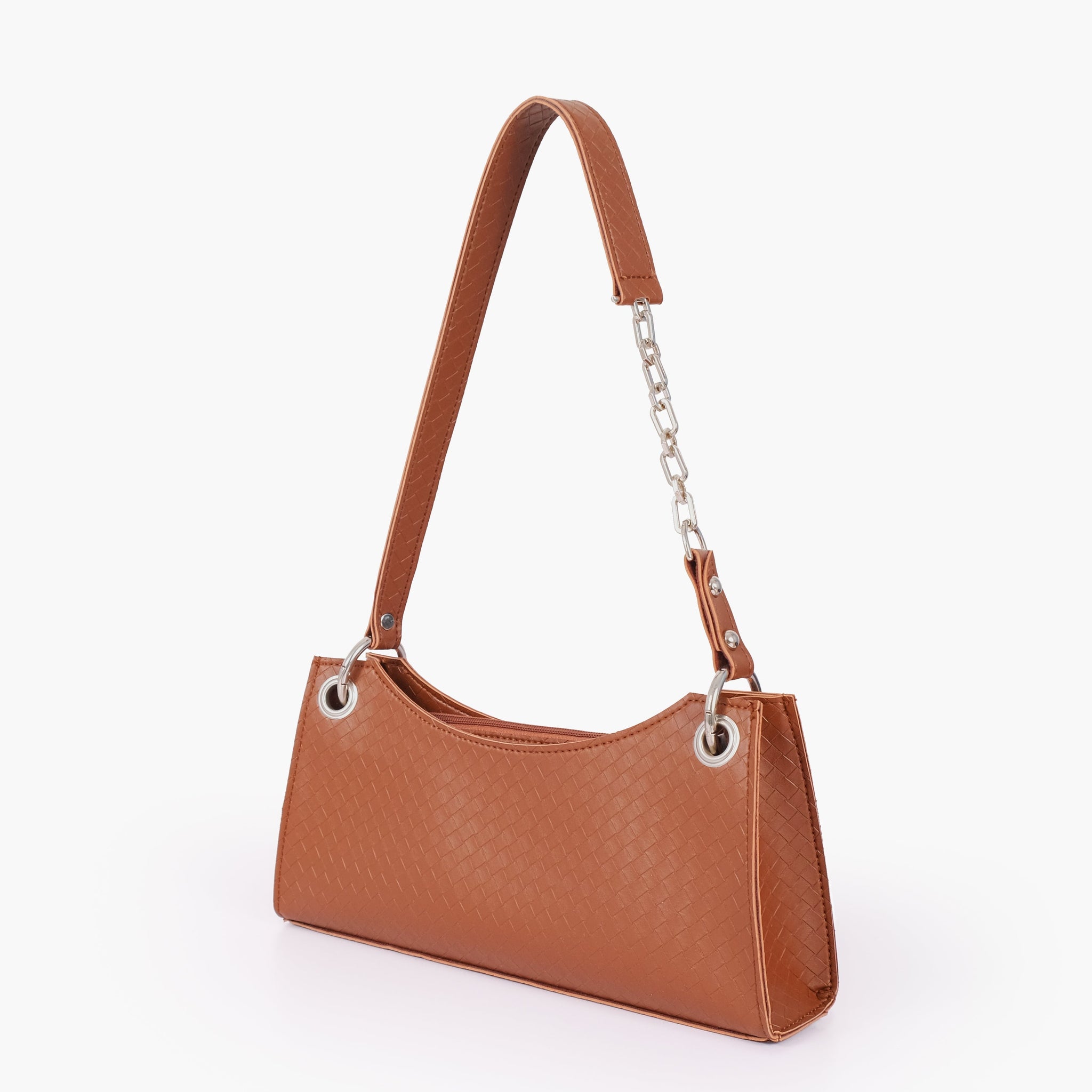 Brown weaved elongated chain handle purse